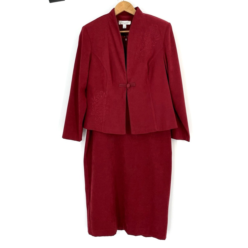 Miss Dorby Woman's Petite 12‎ Two Piece Dress Set Embroidered Long Sleeve Red